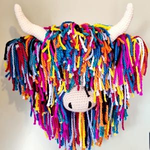May include: A crocheted Highland Cow head with a long, shaggy mane of yarn in various colours, including red, orange, yellow, green, blue, purple, pink, and black.