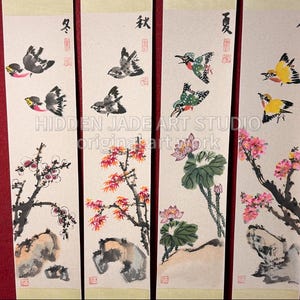 Large Chinese Hanging Scroll | Four Seasons Hand Painted Wall Art | Japandi Decor