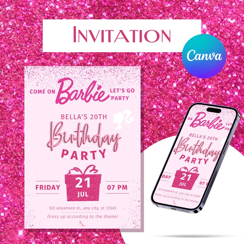 Barbie Birthday Party Invitation, Editable in Canva Trendy Invitation Template, Pink Girly Fancy
