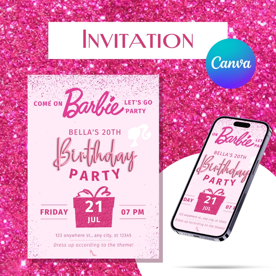 Barbie Birthday Party Invitation Editable in Canva Trendy Invitation Template Pink Girly Fancy Style Doll theme invitation