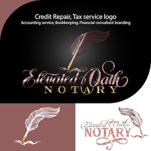 May include: A logo design for a notary service called "Elevated Oath". The logo features a gold and pink glitter font with a gold feather pen dipping into a gold inkwell.