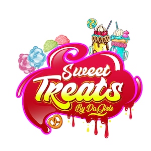 Création de logo de friandises sucrées – Joli logo rose pour faire trempette, glace à l'eau, bretzels, barbe à papa, logo de boutique de cupcakes