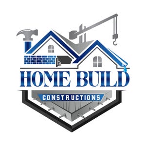 May include: A logo for a construction company called "Home Build Constructions". The logo features a blue and gray house with a crane, a hammer, and a brick wall. The text is in a bold, blue font.