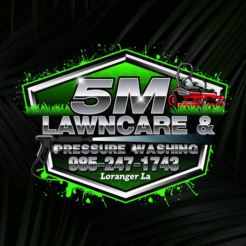 Design a logo for a lawn care and pressure washing business that also encompasses landscaping services. Incorporate elements such as a lawn mower and a pressure wash hose.