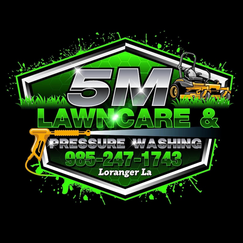 Design a logo for a lawn care and pressure washing business that also encompasses landscaping services. Incorporate elements such as a lawn mower and a pressure wash hose.