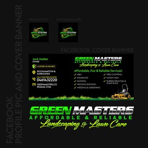 Lawn care social media branding design showing Facebook profile picture and cover banner with landscaping logo, services, contact details and lawn photos — complete yard service brand kit for mowing and landscape businesses