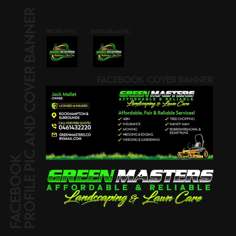 Lawn care social media branding design showing Facebook profile picture and cover banner with landscaping logo, services, contact details and lawn photos — complete yard service brand kit for mowing and landscape businesses
