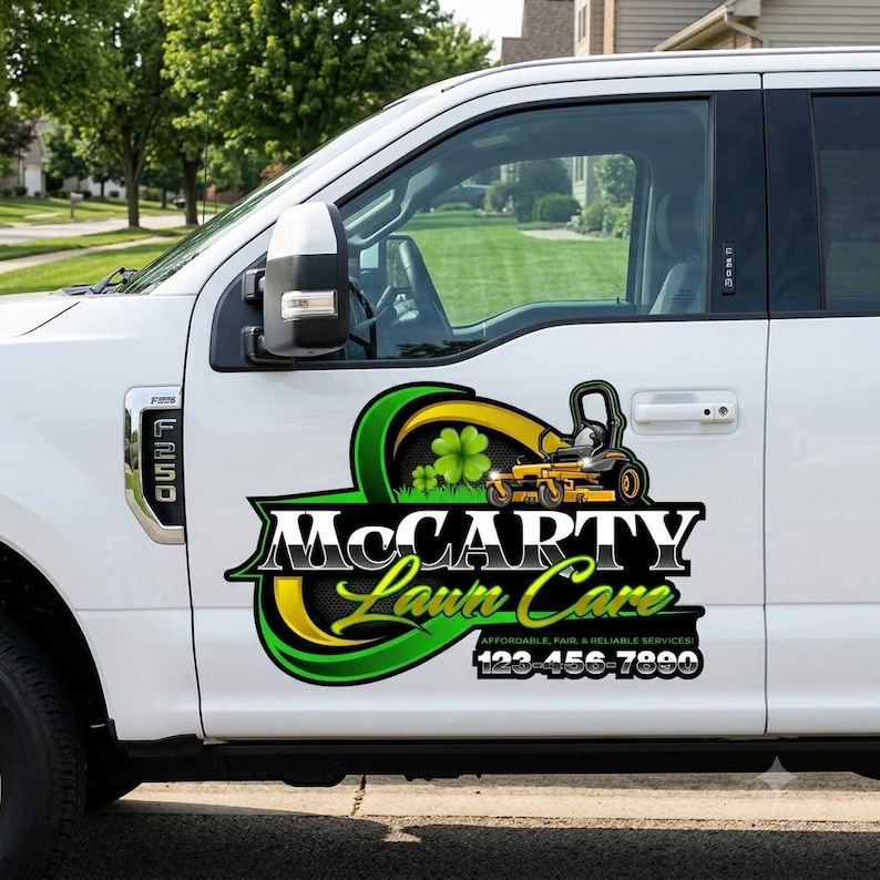 Example of yard maintenance logo design applied to a professional landscaping truck vehicle wrap.