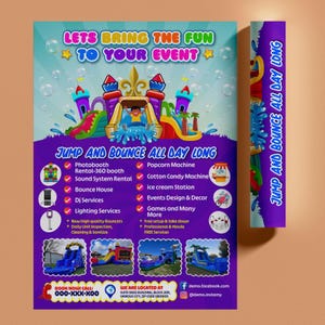 May include: A vibrant event poster with the text "Lets Bring The Fun To Your Event" and "Jump and Bounce All Day Long". The poster advertises bouncy castles, photo booths, and other party services. The poster has a cartoon image of a water slide.