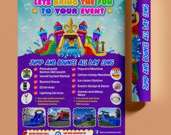 May include: A colorful event flyer with the text "Lets Bring The Fun To Your Event" and "Jump and Bounce All Day Long". The flyer advertises bounce houses, photo booths, and other party services. The flyer has a cartoon image of a water slide.