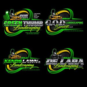 Custom lawn care logo with yellow zero turn mower graphic, scripted tagline, services list and contact details — complete landscaping logo package for lawn maintenance businesses