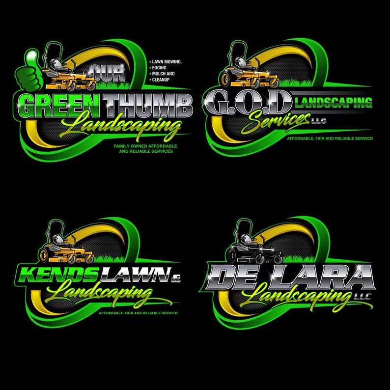 Custom lawn care logo with yellow zero turn mower graphic, scripted tagline, services list and contact details — complete landscaping logo package for lawn maintenance businesses