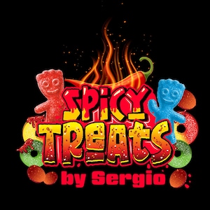 Candy Enchiladas Business Logo Featuring Chamoy Candy, Sour Patch, Peach Rings, Gushers, and Skittles Candied Fruit Logo