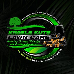 May include: A vibrant lawn care logo featuring the text "Kimble Kuts Lawn Care" in green and silver. The design includes a lawnmower, a tree, and the services offered: edging, blowing, mowing, cleanup, bush trimming, and lawn maintenance. Contact information is also included.