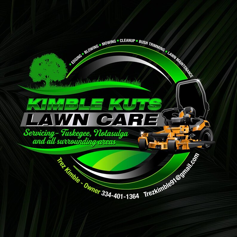 May include: A vibrant lawn care logo featuring the text "Kimble Kuts Lawn Care" in green and silver. The design includes a lawnmower, a tree, and the services offered: edging, blowing, mowing, cleanup, bush trimming, and lawn maintenance. Contact information is also included.