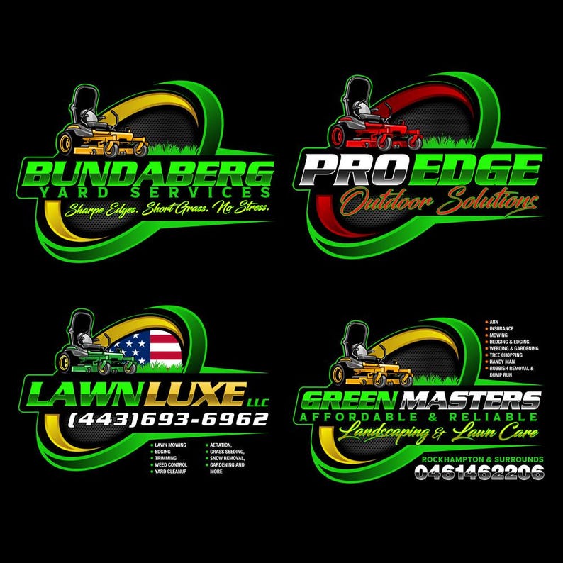 Display of multiple professional logo layout variations for diverse yard service business needs.