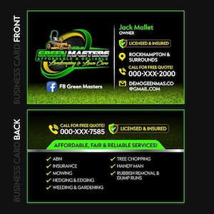 Corporate branding mockup showing the lawn care logo design on a professional business card and stationery set.