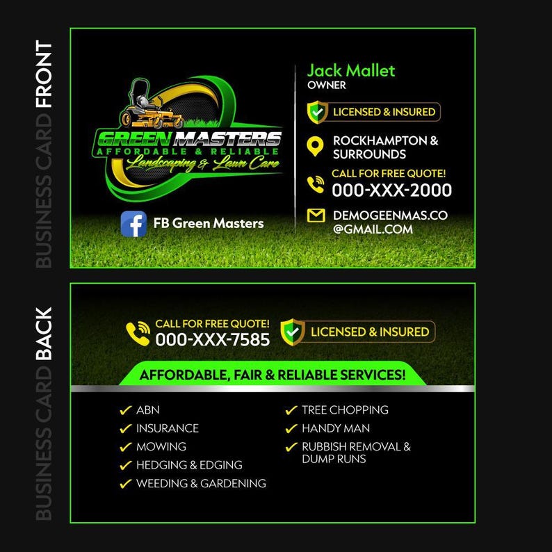 Corporate branding mockup showing the lawn care logo design on a professional business card and stationery set.
