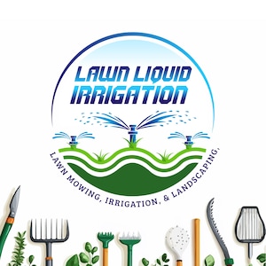 Könnte beinhalten: Ein blaues und grünes Logo für ein Rasenpflegeunternehmen namens "Lawn Liquid Irrigation". Das Logo zeigt einen Sprinkler, der Wasser sprüht, und einen grünen Rasen. Der Text "Rasenmähen, Bewässerung und Landschaftsgestaltung" steht um das Logo herum.