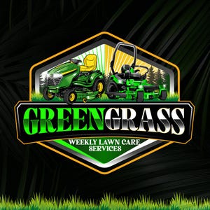 May include: A logo for GreenGrass Weekly Lawn Care Services. The design features two green lawn mowers, one riding and one walk-behind, set against a backdrop of a forest and a rising sun. The company name is prominently displayed in green.