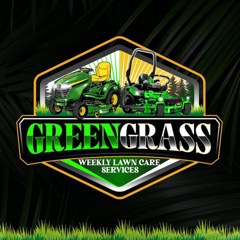May include: A logo for GreenGrass Weekly Lawn Care Services. The design features two green lawn mowers, one riding and one walk-behind, set against a backdrop of a forest and a rising sun. The company name is prominently displayed in green.