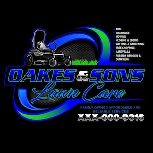 Landscaping logo with grey lawn mower graphic and blue company name — yard service logo design with tagline and contact info, perfect for grass cutting and mowing businesses