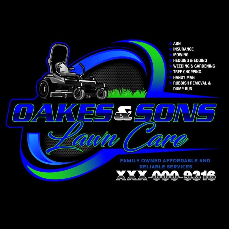 Landscaping logo with grey lawn mower graphic and blue company name — yard service logo design with tagline and contact info, perfect for grass cutting and mowing businesses