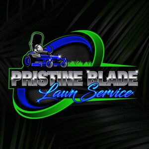 May include: A logo for "Pristine Blade Lawn Service" featuring a blue riding lawn mower, green and blue swooshes, and the company name in silver and blue. The background is black with a palm leaf design.