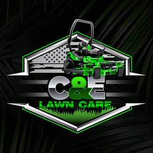 May include: A logo for C&E Lawn Care featuring a green riding lawn mower. The logo is set against a black background with a green and white geometric design. The American flag is incorporated into the design.