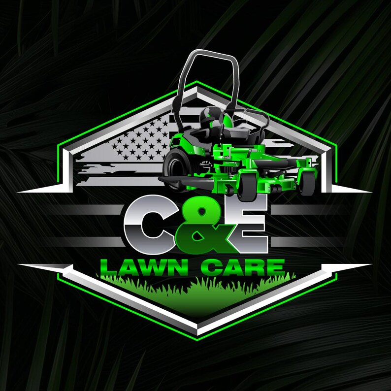 May include: A logo for C&E Lawn Care featuring a green riding lawn mower. The logo is set against a black background with a green and white geometric design. The American flag is incorporated into the design.