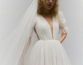 Robe Janet, mini-robe en tulle à pois, robe de mariée courte, robe de mariée à pois, robe de dîner de répétition