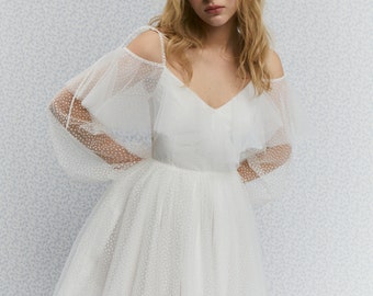 Julia Dress, Glitter Polka dots short wedding dress with long sleeves