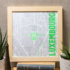 Poster in boekdruk Jardin du Luxembourg (kaart van Parijs, zilver, fluorescerend groen)