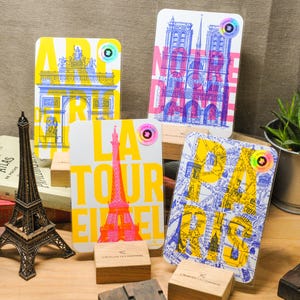 4 Cartes Letterpress Paris Pop Fluo Tour Eiffel Notre Dame