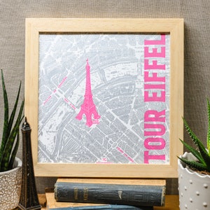 Buchdruck-Eiffelturm-Poster (Paris-Karte, Silber, Neonrosa)