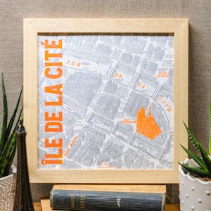 Buchdruck-Plakat der Île de la Cité (Notre Dame, Karte von Paris, Silber, fluoreszierendes Orange)