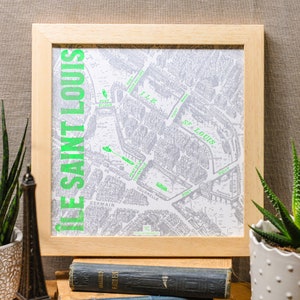 Buchdruck-Poster Ile Saint Louis (Paris-Karte, Silber, fluoreszierendes Grün)
