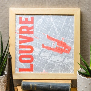 Buchdruck-Louvre-Poster (Paris-Karte, Silber, fluoreszierendes Rot)