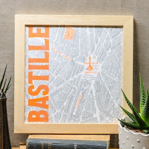 Buchdruck-Bastille-Poster (Paris-Karte, Silber, fluoreszierendes Orange)