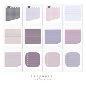 May include: A set of 10 lavender-colored sticky notes with different designs, including lined, grid, and plain. The notes are arranged in a grid pattern and have a "Lavender Collection" label at the bottom.