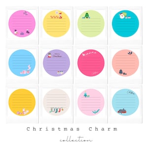 Op de afbeelding: Twaalf kleurrijke kerstthema-printable cadeaulabels met geregelde ruimtes om op te schrijven. Elk label heeft een andere feestelijke illustratie, waaronder een sneeuwpop, rendier, kerstboom en een pinguin.
