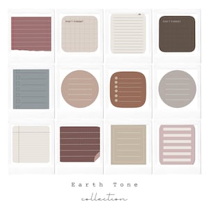 Puede incluir: Un conjunto de 10 pegatinas digitales imprimibles para planificadores en tonos tierra. Las pegatinas presentan diferentes estilos de papel rayado, papel cuadriculado y diseños de listas de verificación. El texto "No olvides" aparece en dos de las pegatinas.