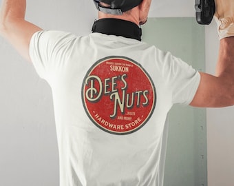 Dee&#39;s Nuts Hardware Store Funny Tee Shirt - Hilarious Fake Business Mock Shirt, Distressed Design, Pocket Logo and Back Logo, No Pocket