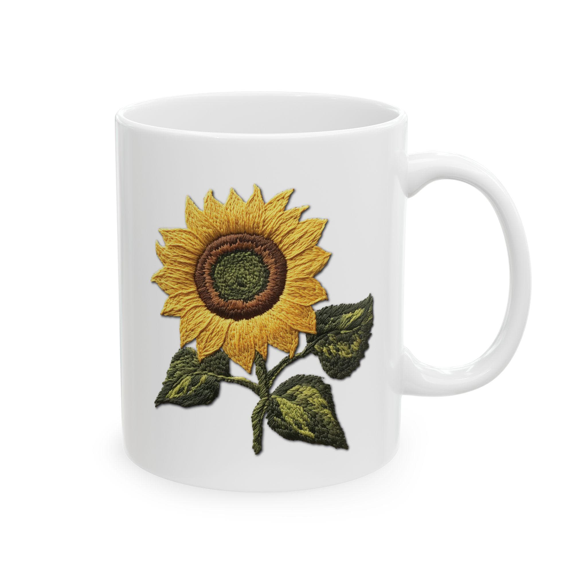 Embroidered Sunflower Mug - 11oz White Ceramic - Cute Floral
