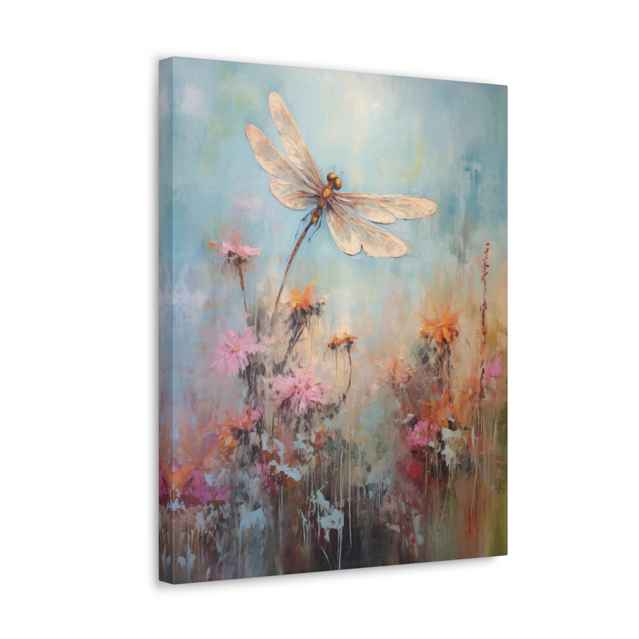 Dragonfly and Flowers Impasto Impressionistic Canvas Painting - Vibrant ...