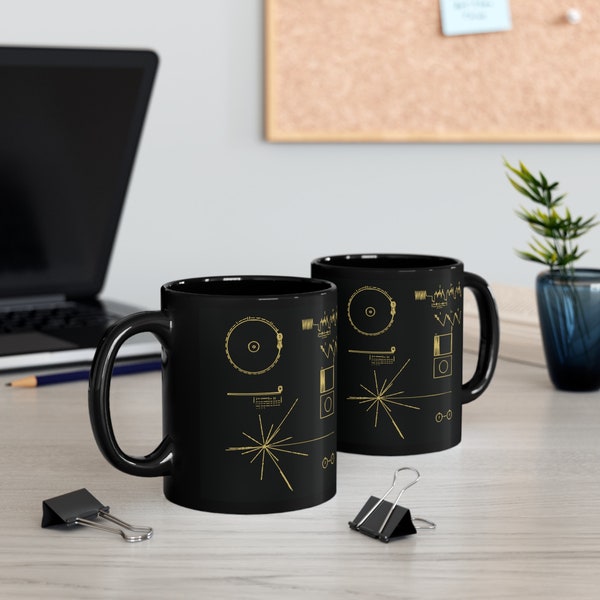 Voyager Golden Record Minimalistic Design on Black Coffee Mug for Space Nerds, NASA Encripted Message The Sounds of Earth, 11oz Mug