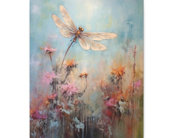 Dragonfly and Flowers Impasto Impressionistic Canvas Painting - Vibrant Nature Wall Art for Home Decor - Available in 8x10 and 16x20 sizes