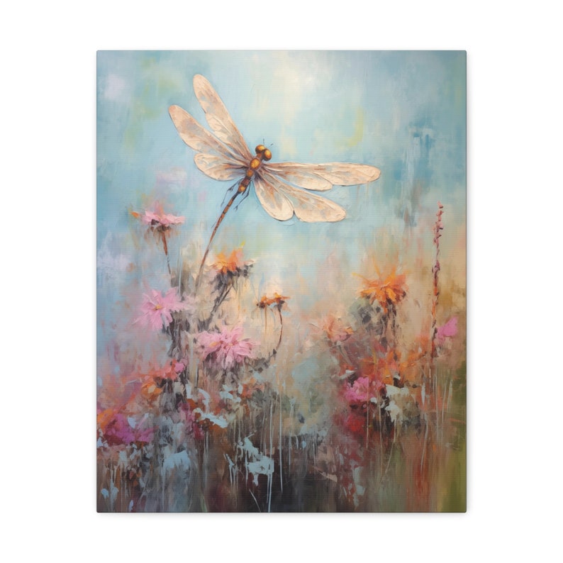 Dragonfly and Flowers Impasto Impressionistic Canvas Painting Vibrant ...