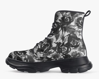 Boots Flower Print - Boots With Rose Print - Woman Booties - Black&White Boots - Combat Boots - High Heel Boots - Combat Boots - Boot Shoes.