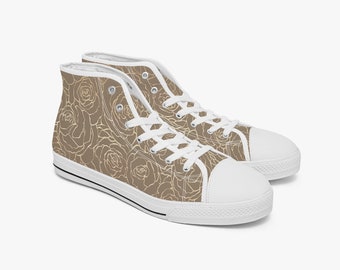 Trainers with rose print, golden sneaker with flower print, women's shoes with golden roses, floral converse for women, rose gold kicks.